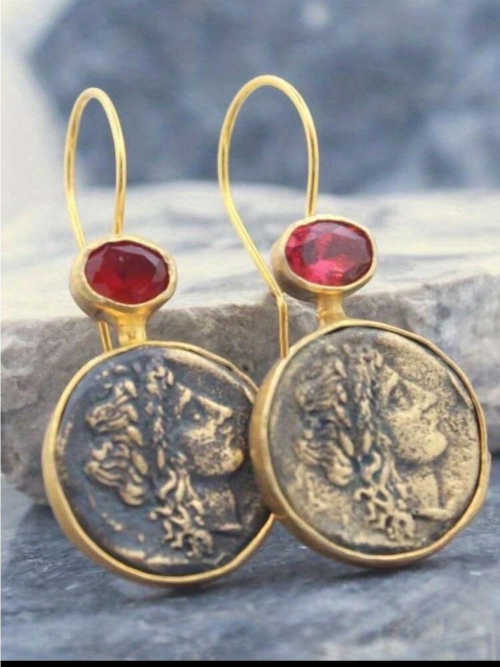 Gold Coin Drop Earrings with Red Gem